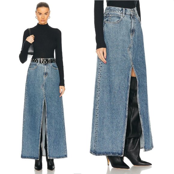 SLVRLAKE Dallas Denim Maxi SKIRT Size 31 Blue Hard Times Front Slit NEW $299 - Picture 1 of 13